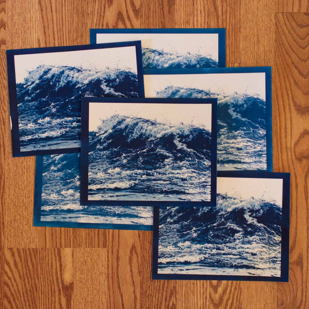 cyanotype prints of waves on Fox River