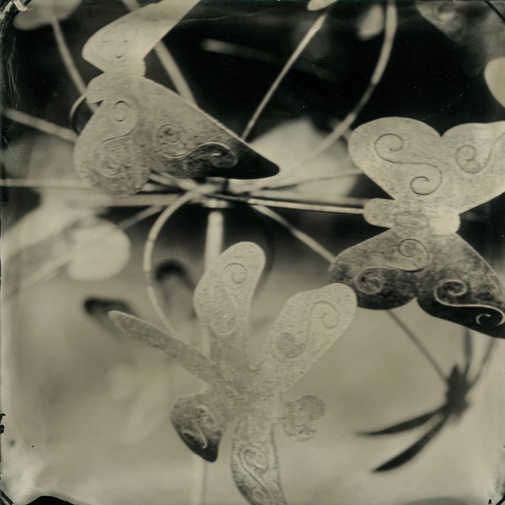 tintype of metal art butterflies