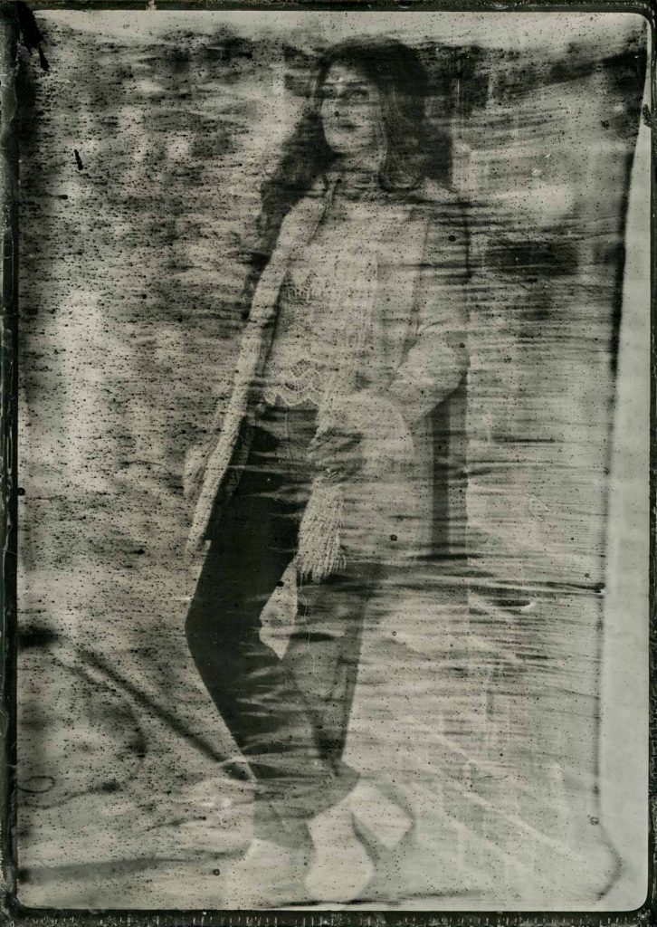 tintype of a model in Winter with bad collodion