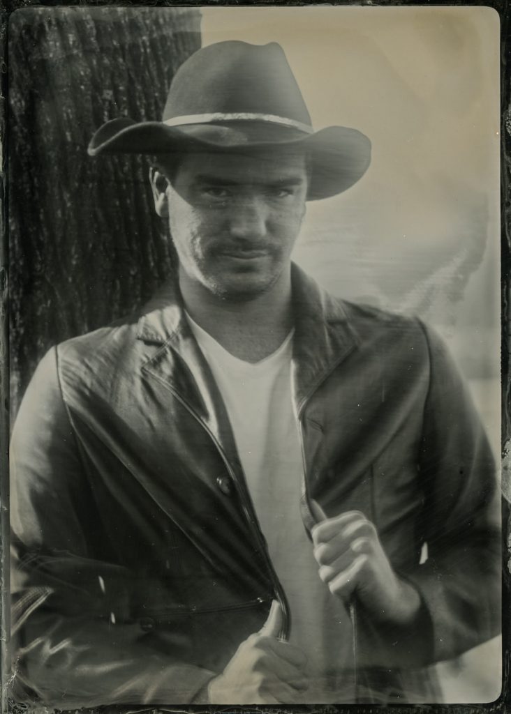 tintype portrait of male model in leather jacket