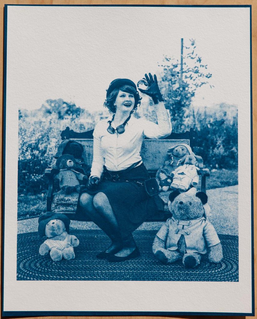 A Cyanotype portrait of a steampunk woman
