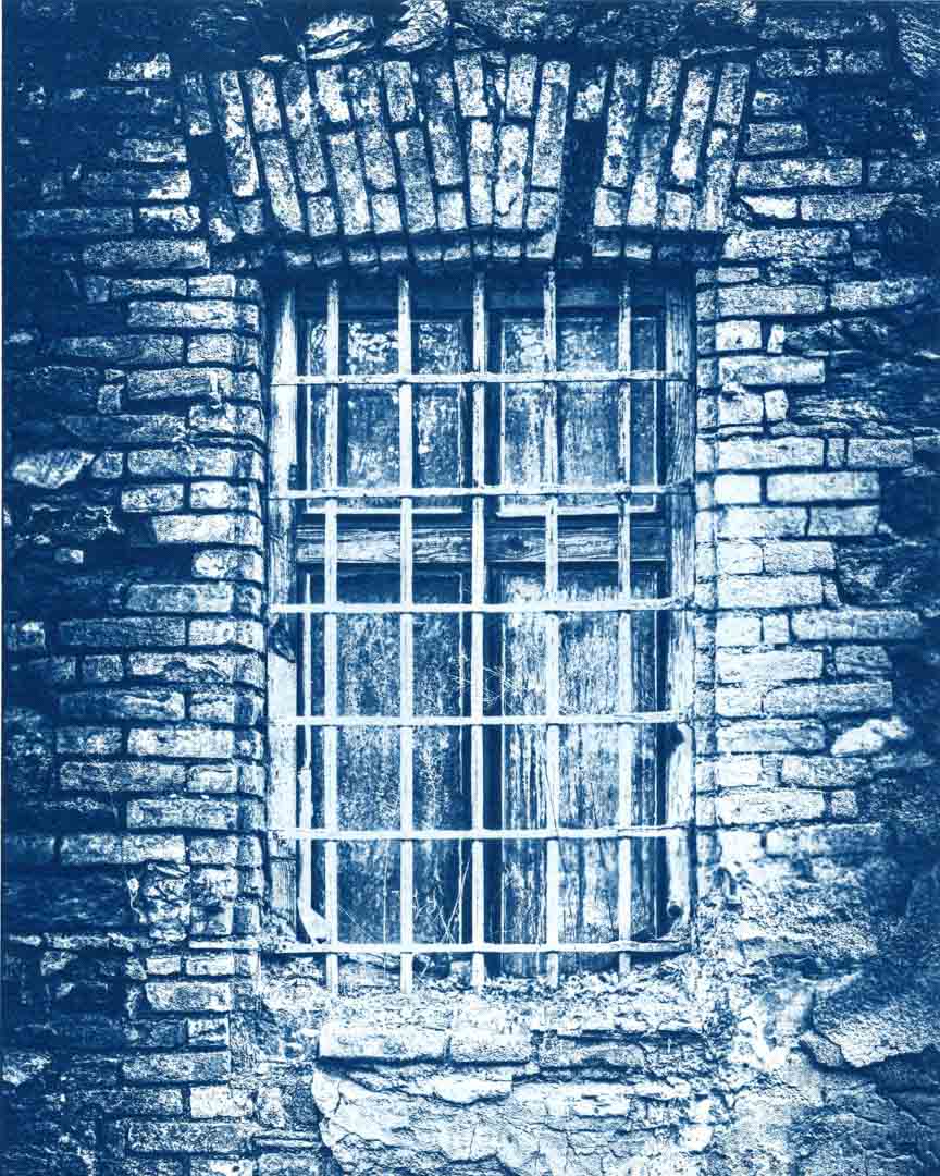 cyanotype of an old brick window
