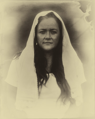 tintype portrait of young woman in headscarf