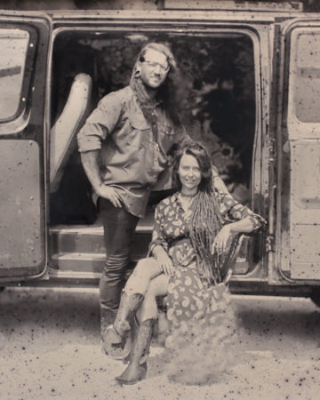 tintype portrait of couple in front of camper van