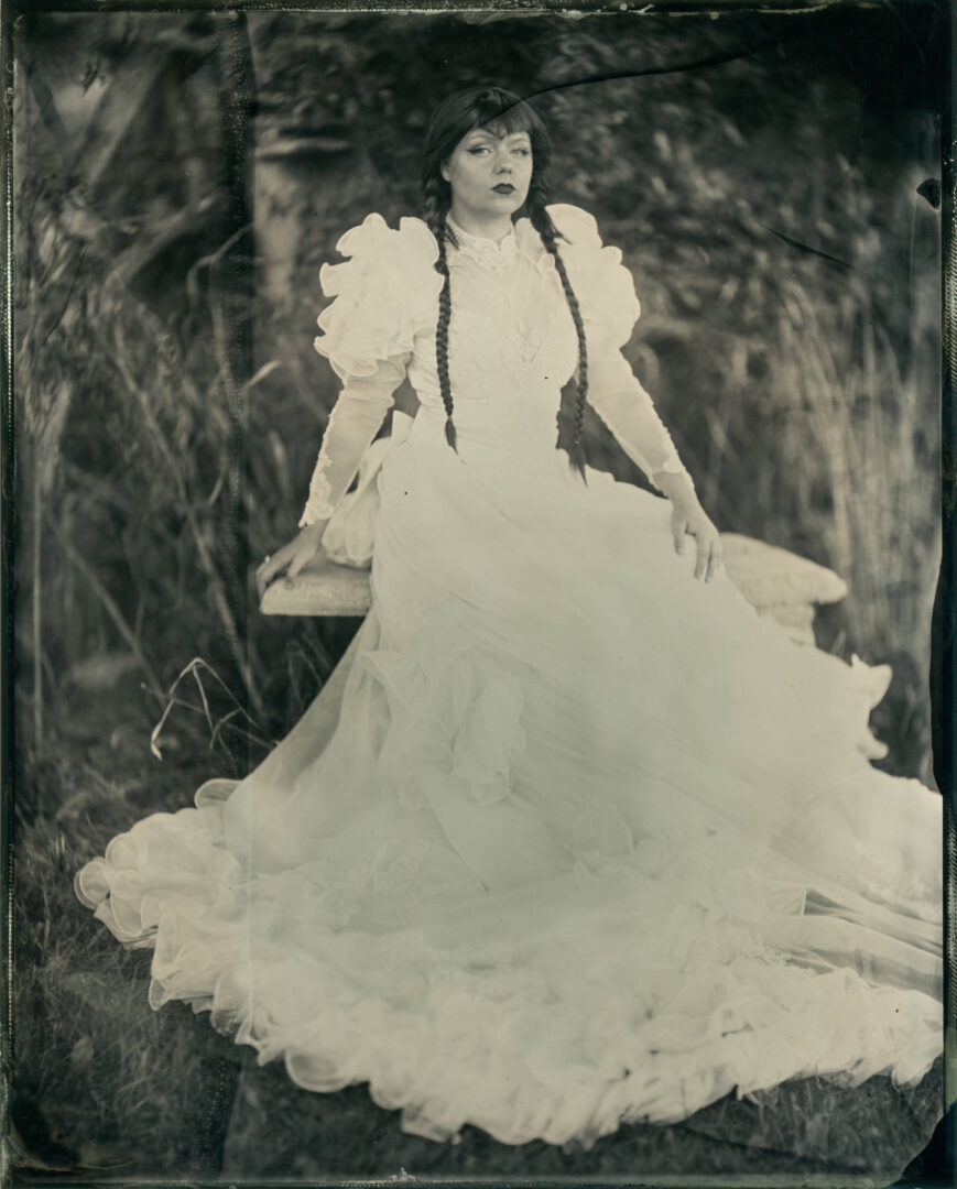 tintype photo of a model in a Halloween white wedding dress