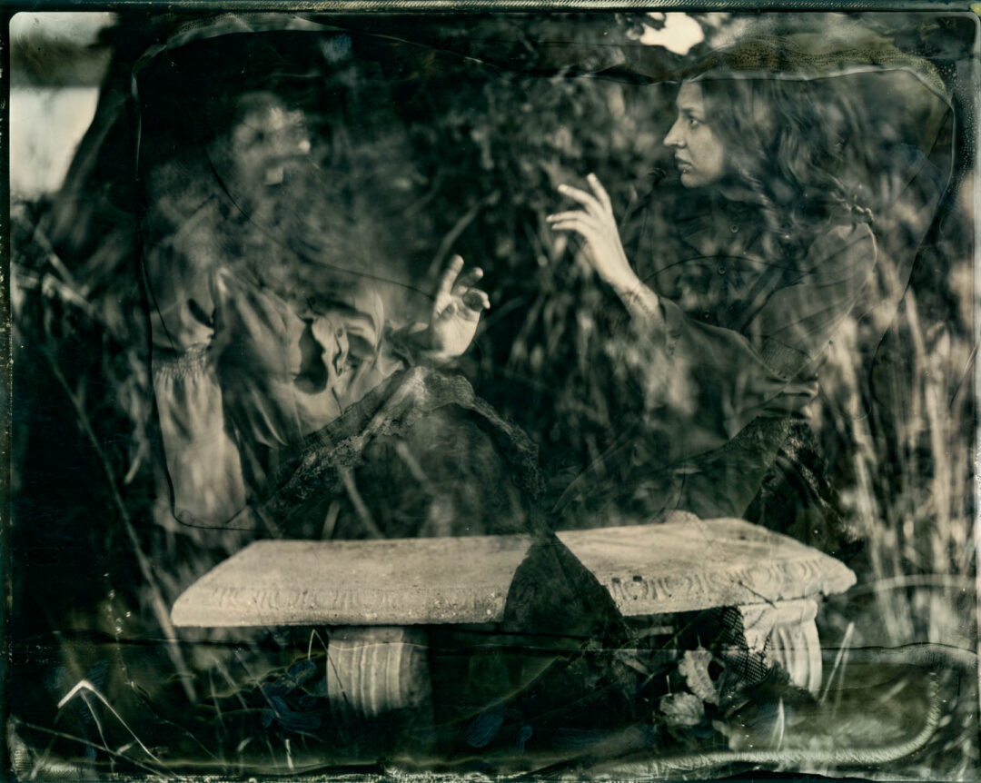 8x10 tintype double exposure of woman in black dress