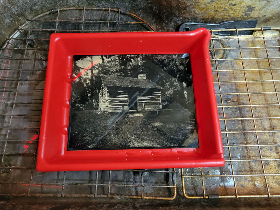 6x8 Tintype in a fixing tray